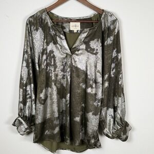 Women's Umgee Shirt Long Sleeve Metallic Olive Green Blouse Career Vneck Small